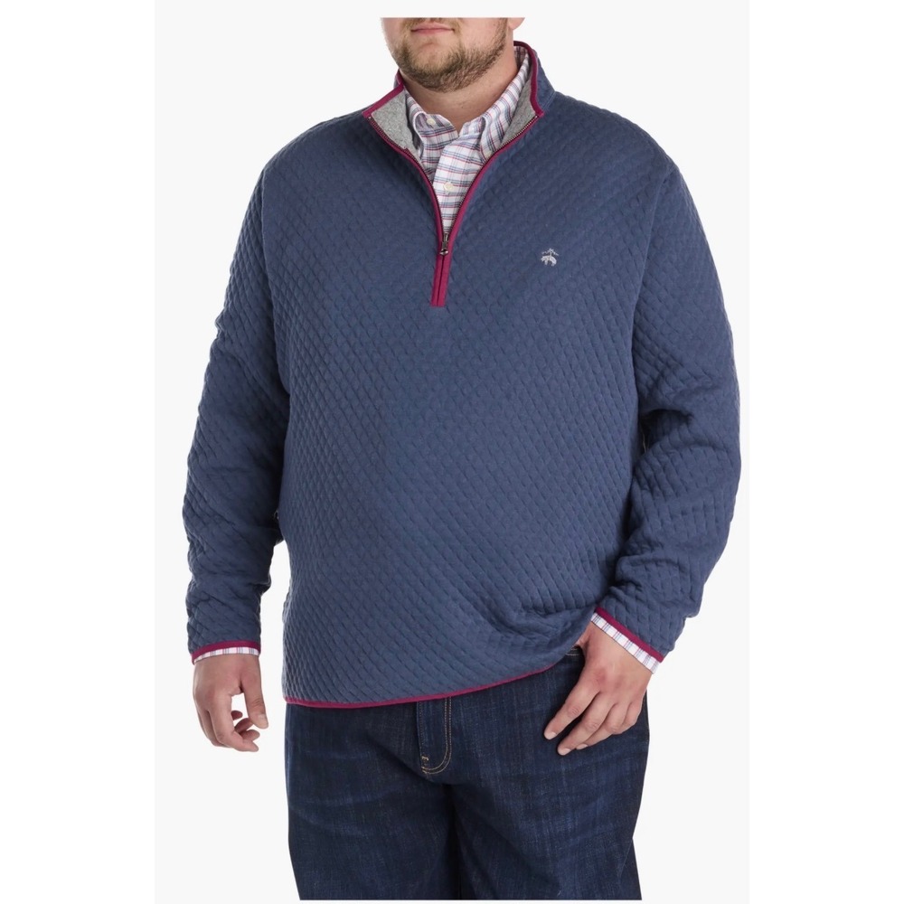 Brooks Brothers Mens diamond Quilted Quarter Zip Navy Blue Red Trim Large. EUC
